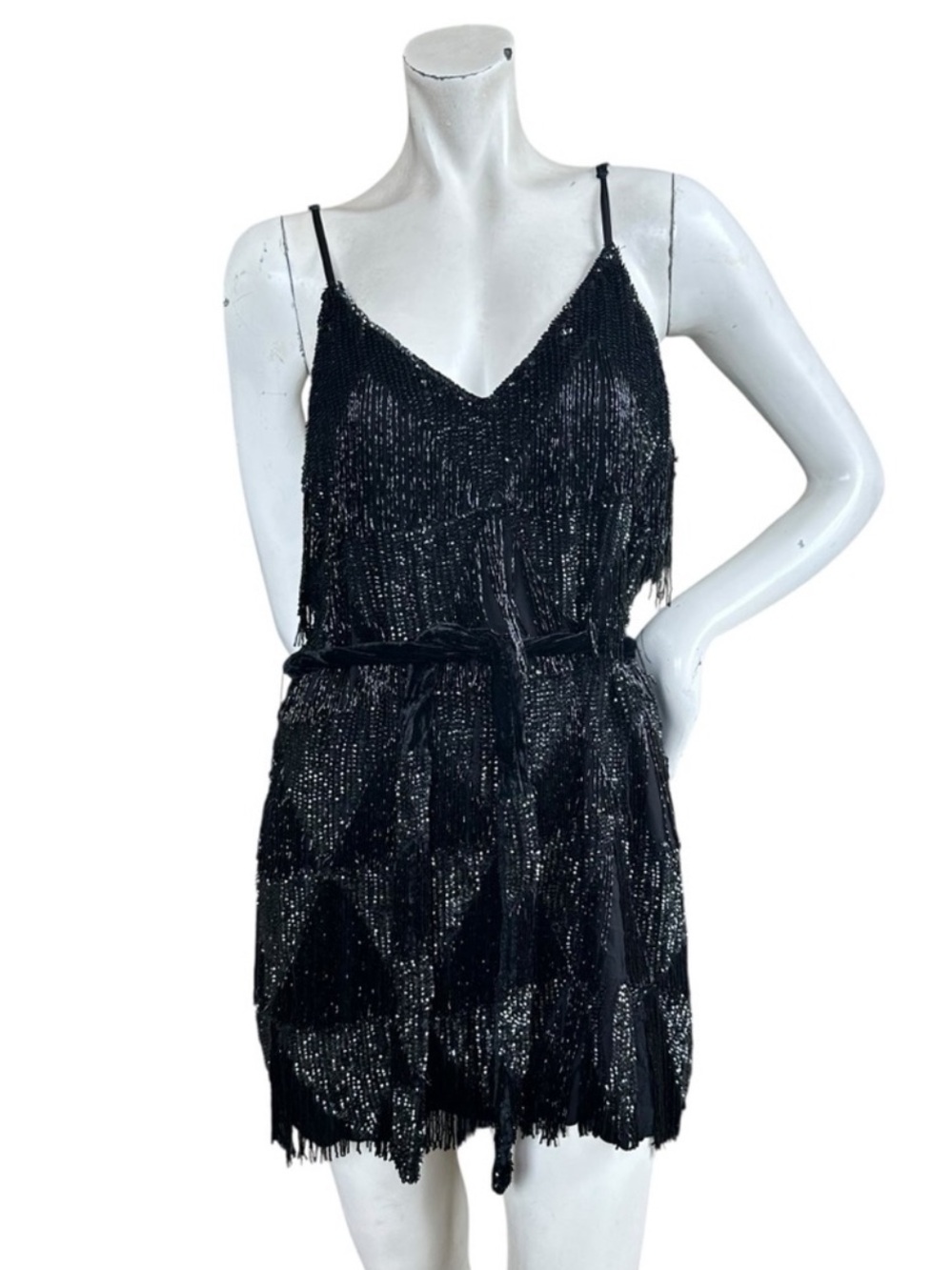 Retrofete Claire Sequin Fringe Flapper Beaded Dressy Mini Dress in Black Size XL